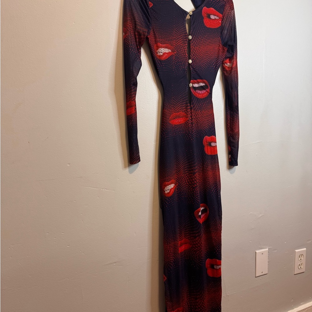 Fashion Nova Red and navy Lip Print Long Sleeve Dress